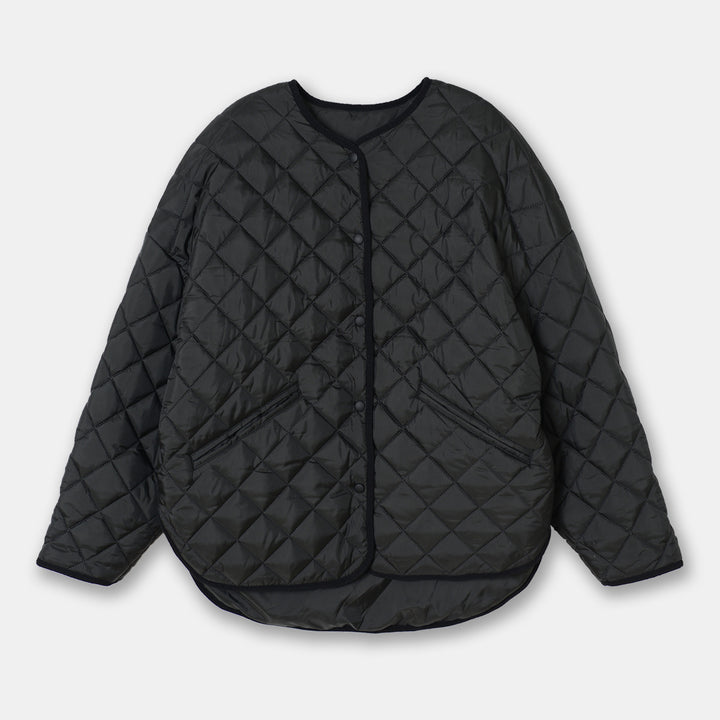Women's diamond plaid puffer jacket with collarless neckline