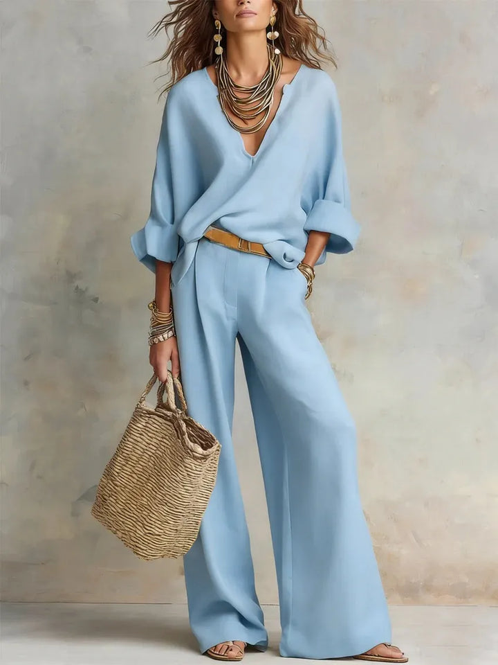 Woman wearing relaxed V-neck top and wide-leg pants set