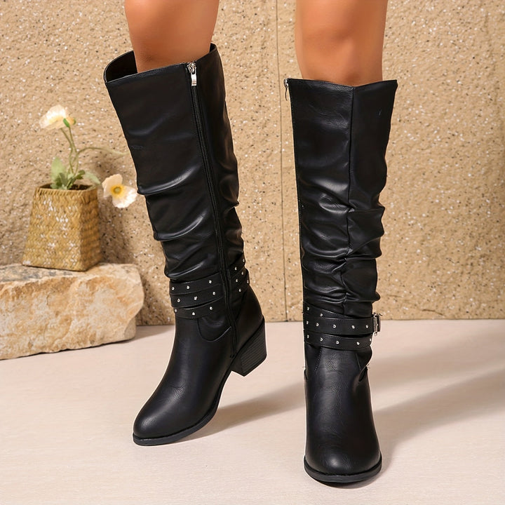 Endellion | Women's Studded Block-Heel Knee-High Buckle Boots