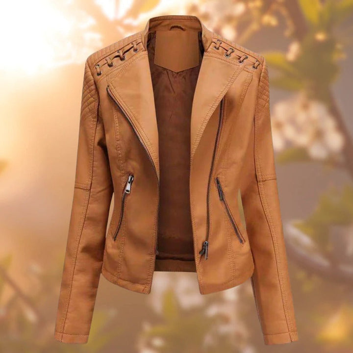 Raphaelle | Women's Faux-Leather Stand-Collar Zip-Front Fitted Jacket