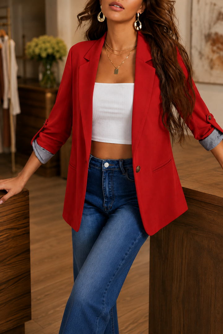 Women's structured lapel blazer cardigan front view