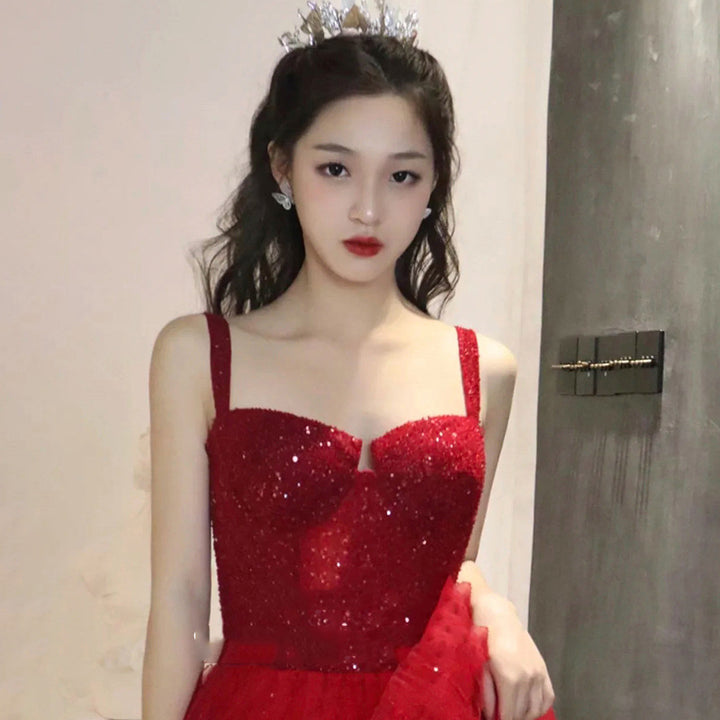 Wine red sequin sling maxi evening dress