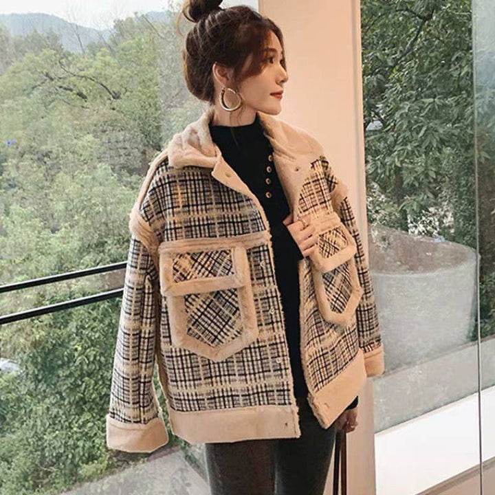 Women's lamb plush coat with polo collar, khaki and pink