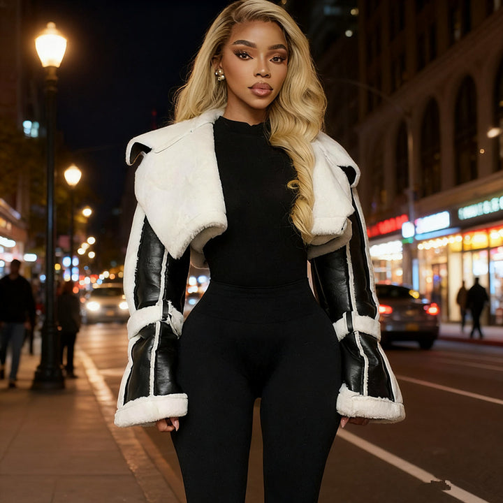 Women's short jacket with contrast panels in black