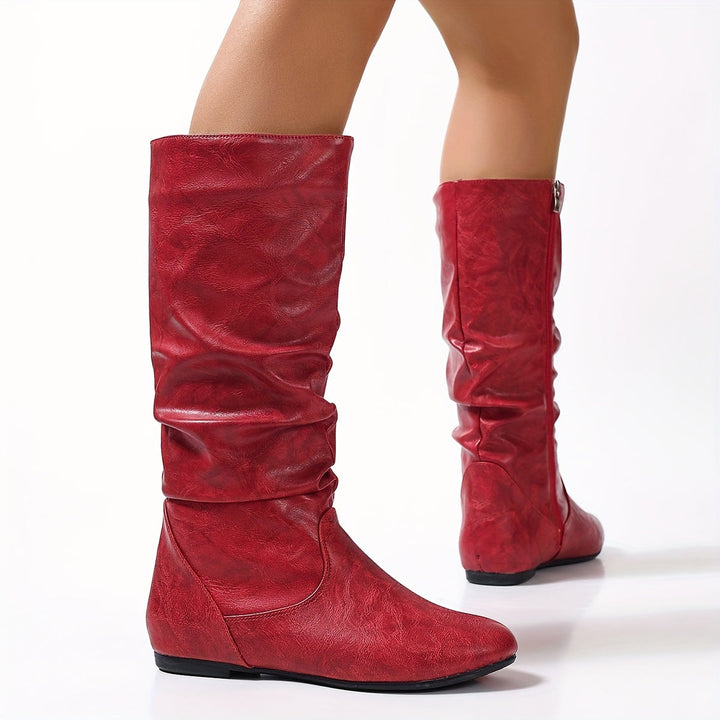Emmelina | Women's Round-Toe Flat Knee-High Zip-Up Boots