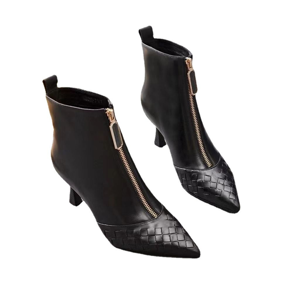 Black pointed toe stiletto ankle boots for women with mid heel
