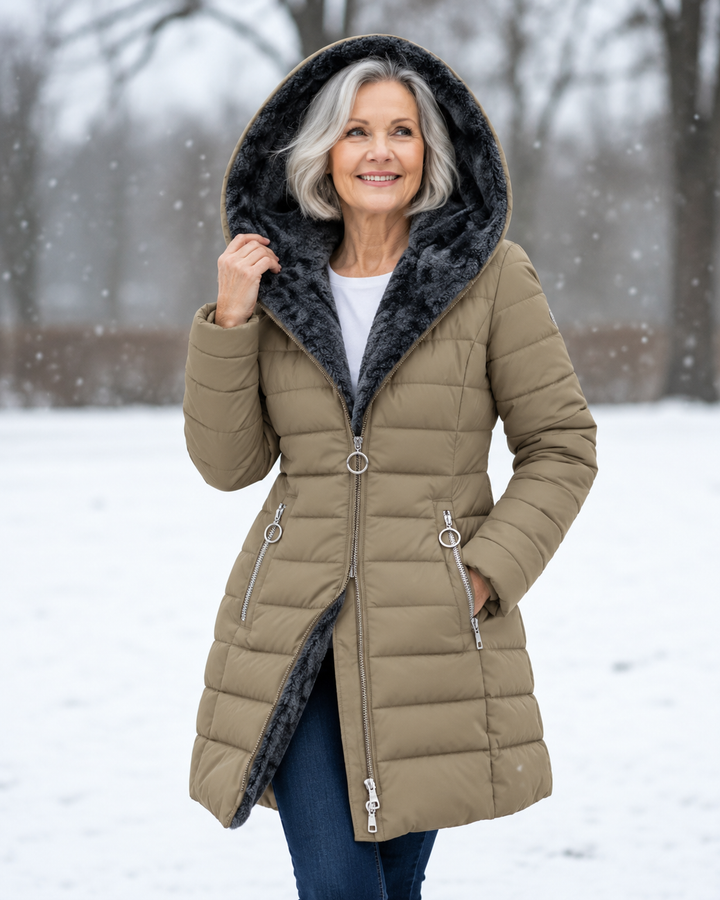 Women's quilted winter coat with hood on model