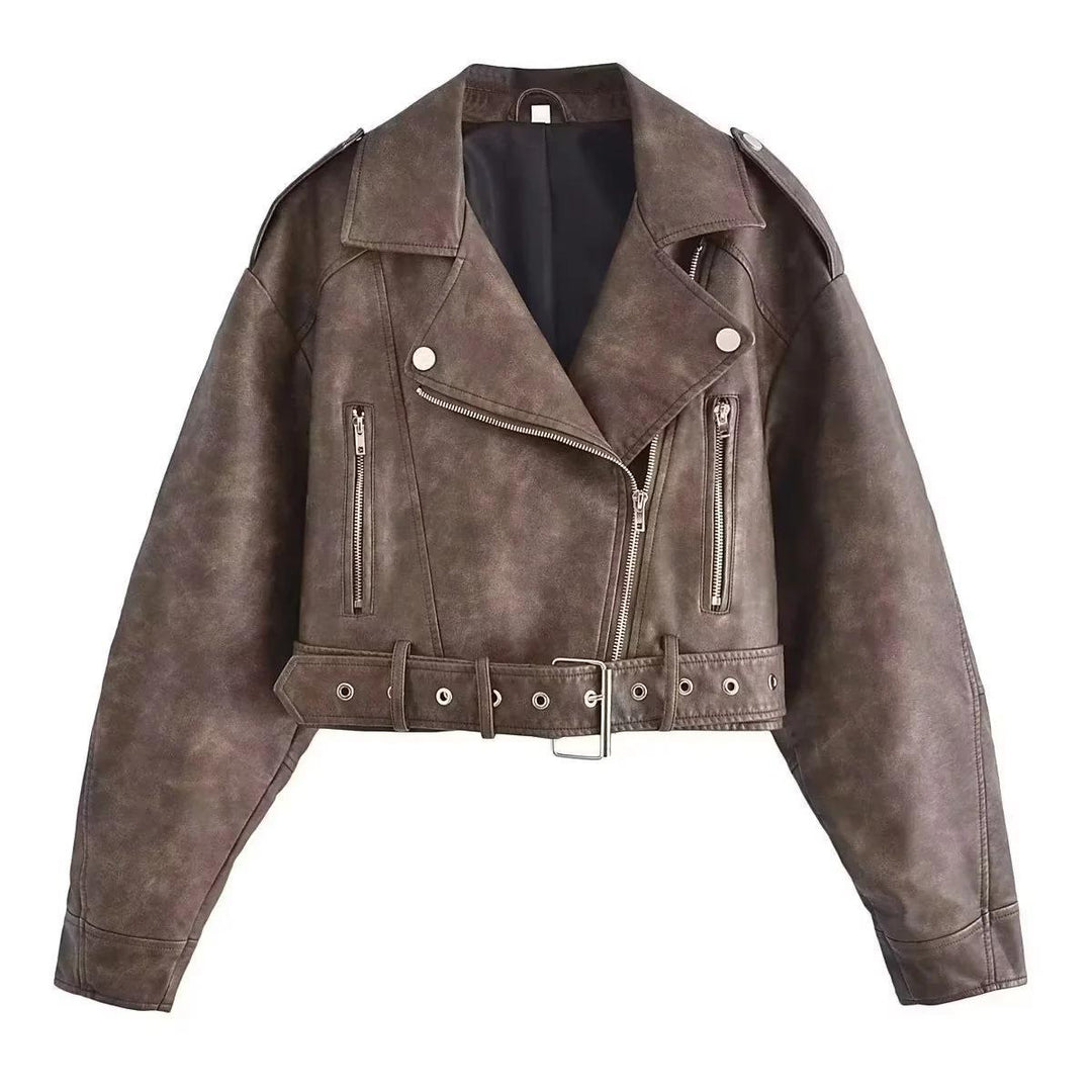Women's washed leather moto jacket in solid color