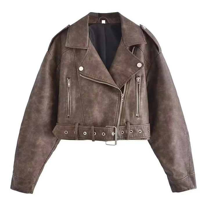 Women's washed leather moto jacket in solid color