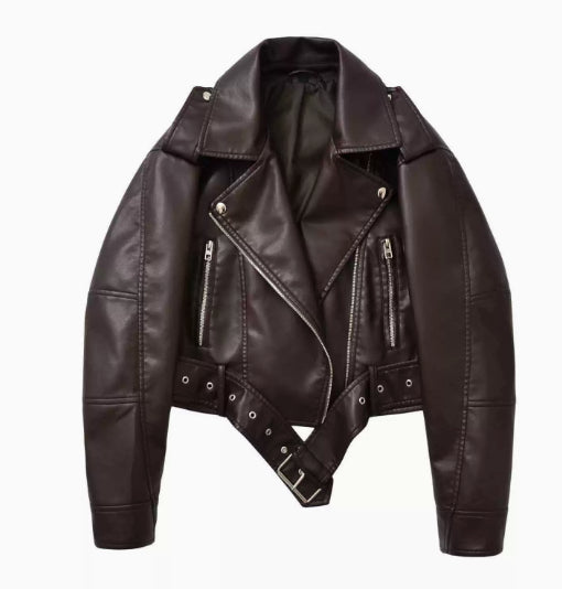 Women's washed leather moto jacket in solid color