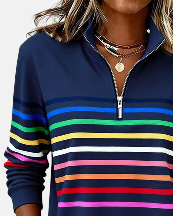 Women's rainbow striped half zip sweatshirt with stand collar