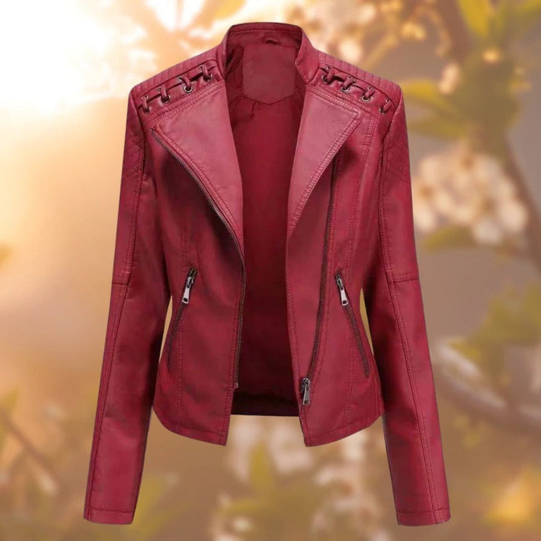 Raphaelle | Women's Faux-Leather Stand-Collar Zip-Front Fitted Jacket