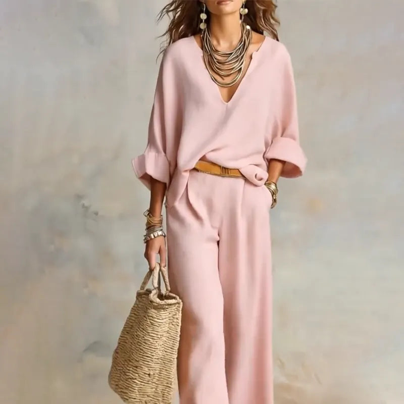 Woman wearing relaxed V-neck top and wide-leg pants set