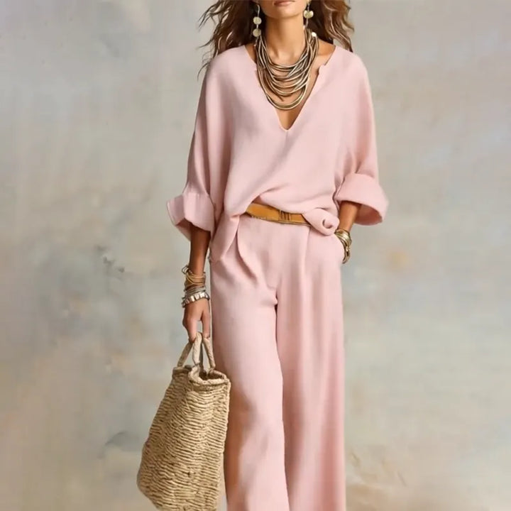Woman wearing relaxed V-neck top and wide-leg pants set