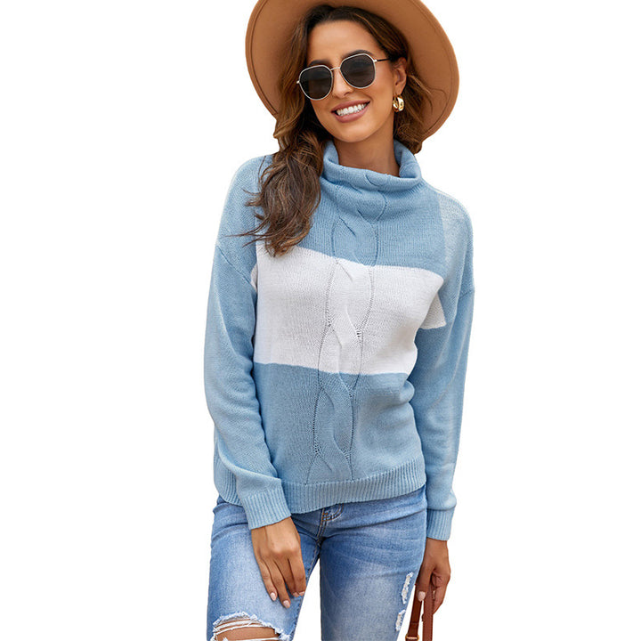 Woman wearing knit turtleneck sweater with contrast stitching
