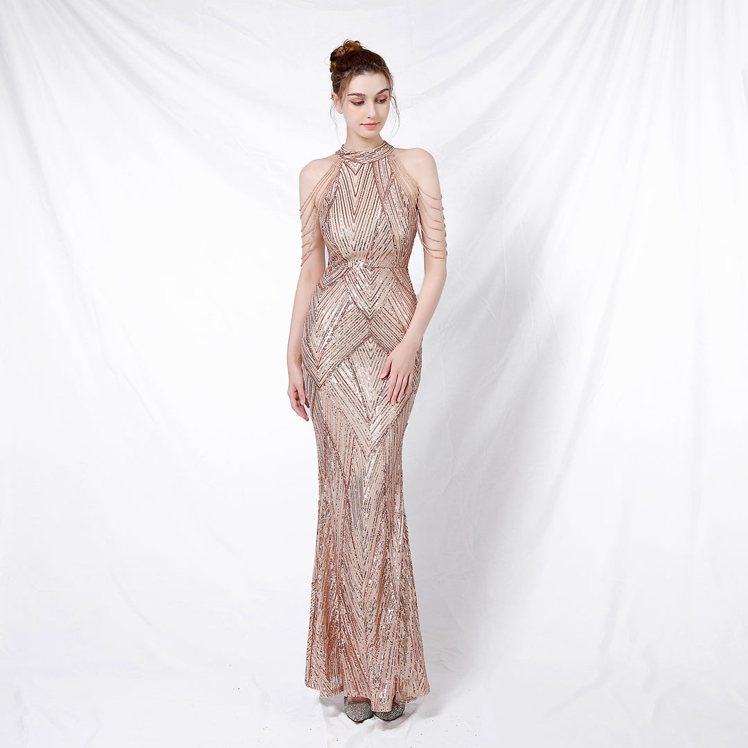 Women's backless long sequin evening dress