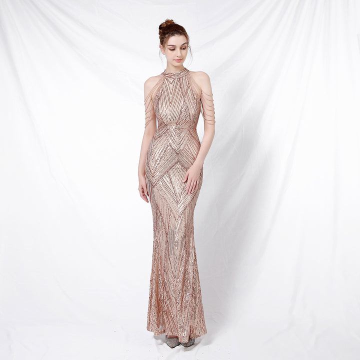 Women's backless long sequin evening dress