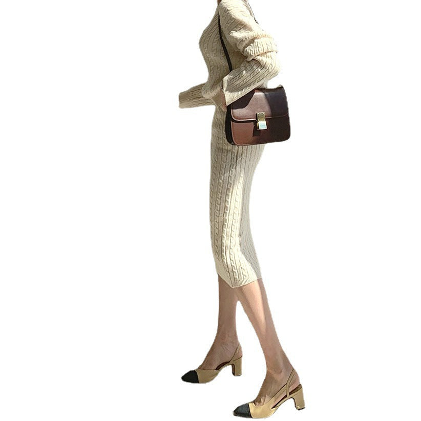 Woman wearing apricot knit sweater set with matching skirt