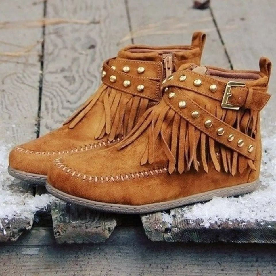 Women's black suede flat ankle boots with rivet tassel