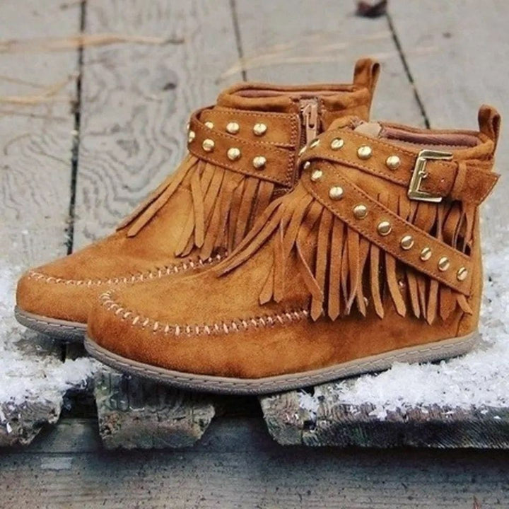 Women's black suede flat ankle boots with rivet tassel