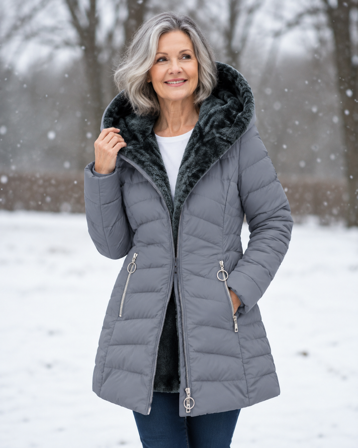 Women's quilted winter coat with hood on model