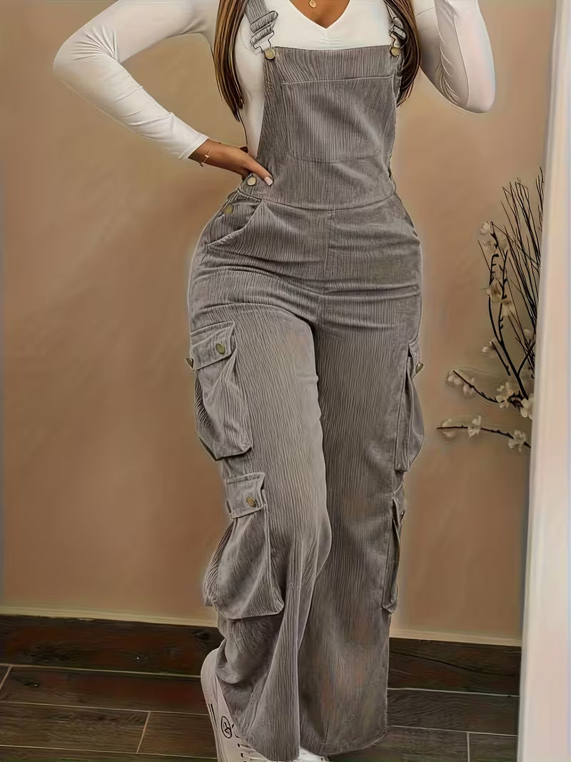 Woman wearing corduroy overalls with pockets