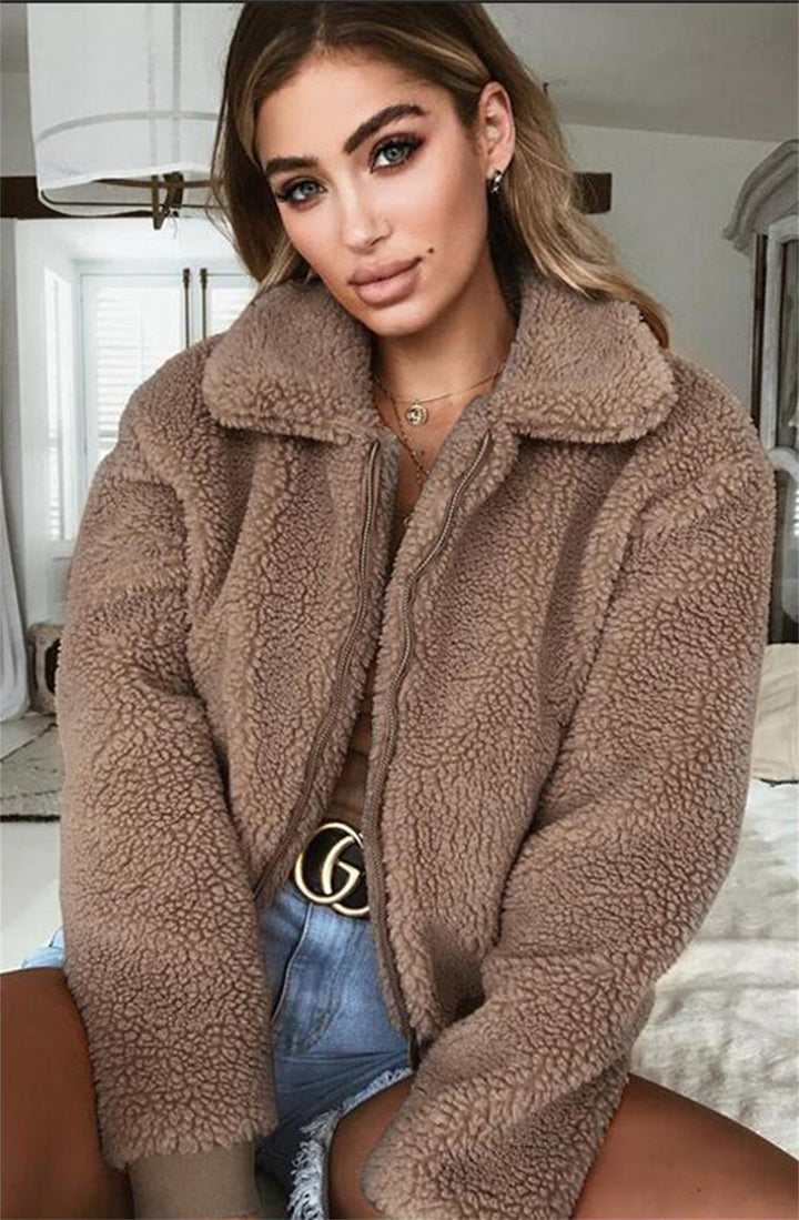 Women's lapel zip winter coat front view
