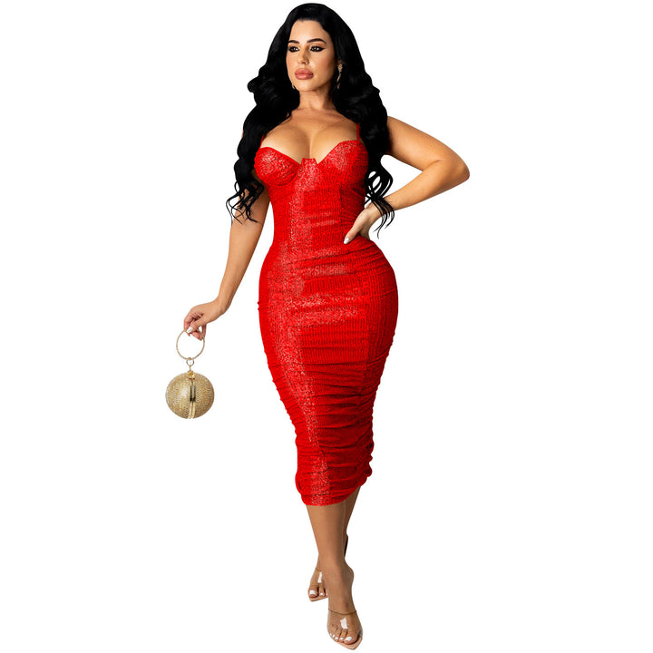 Woman wearing sequin sleeveless V-neck party dress