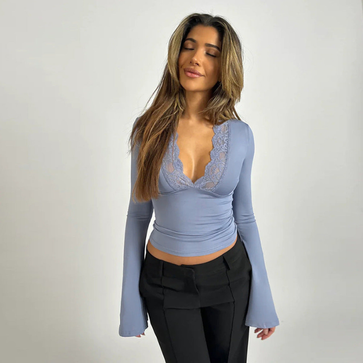 Alana | Womens Long Sleeve V Neck Lace Trim Top
