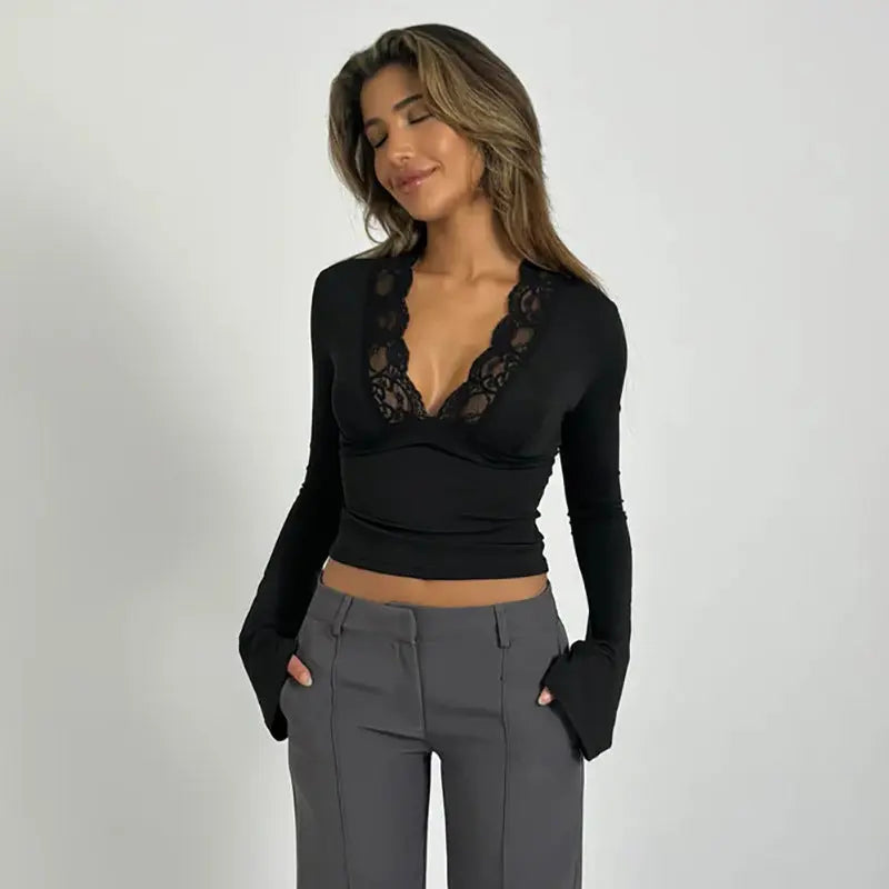 Alana | Womens Long Sleeve V Neck Lace Trim Top