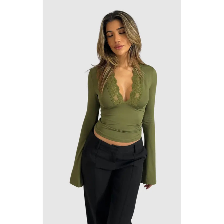 Alana | Womens Long Sleeve V Neck Lace Trim Top