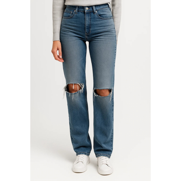 Denisha | Women's High Waist Ripped Straight Leg Jeans