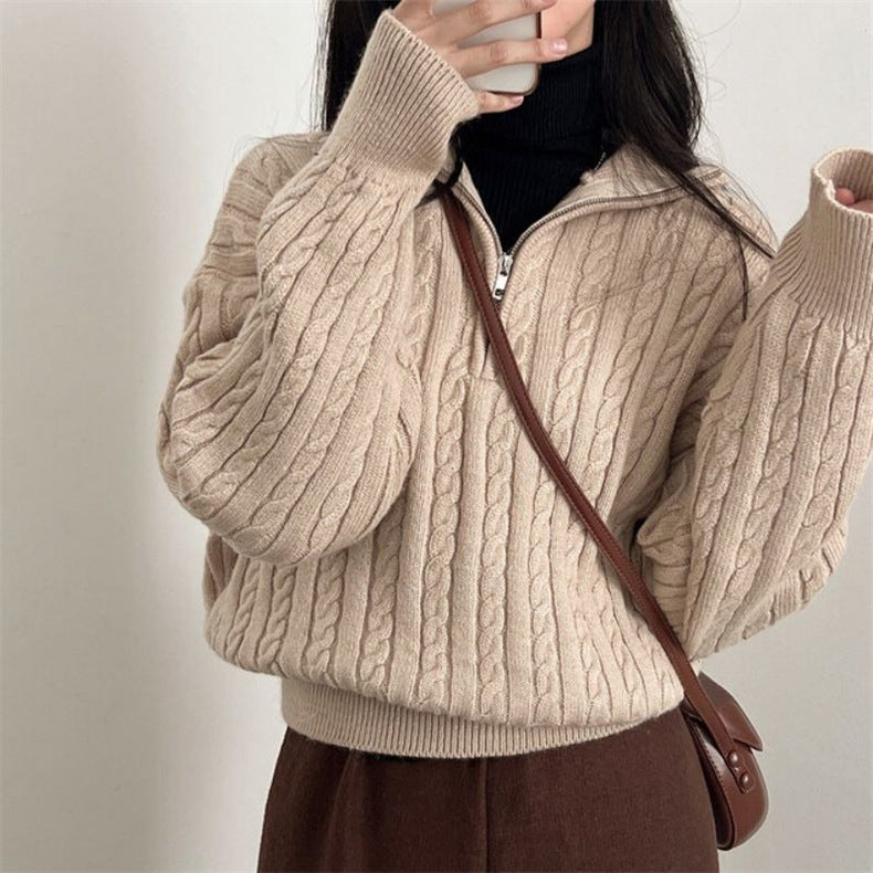 Marigold | Women's Cable-Knit Zip-Front Funnel-Neck Cropped Sweater