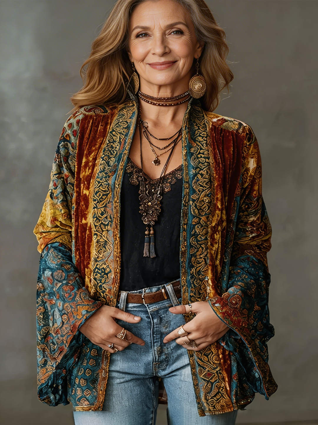 Woman wearing boho kimono jacket with open front