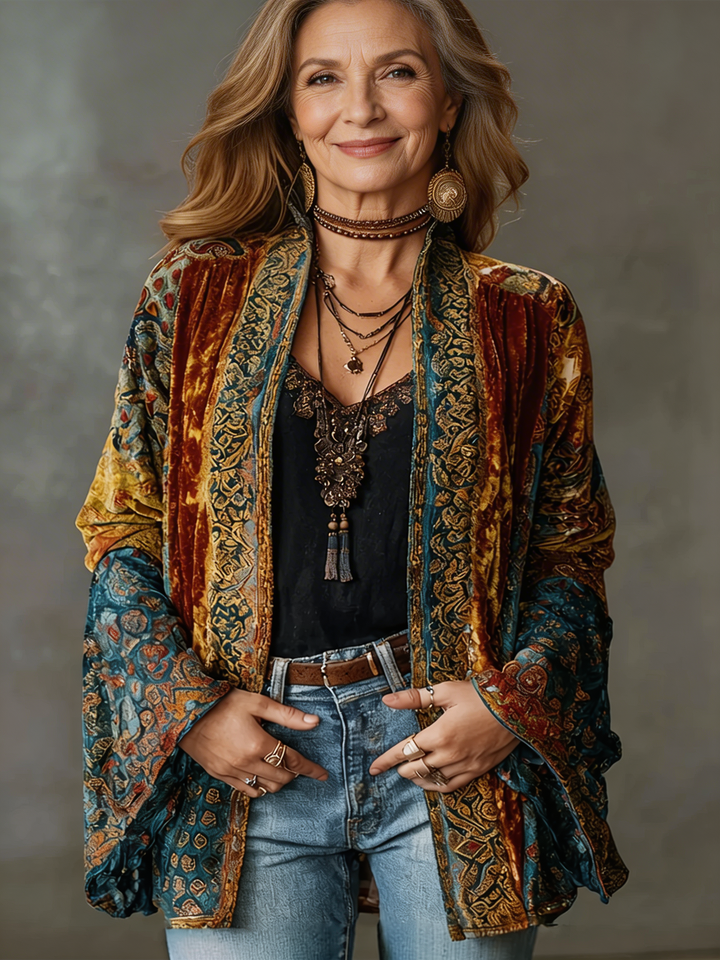 Woman wearing boho kimono jacket with open front