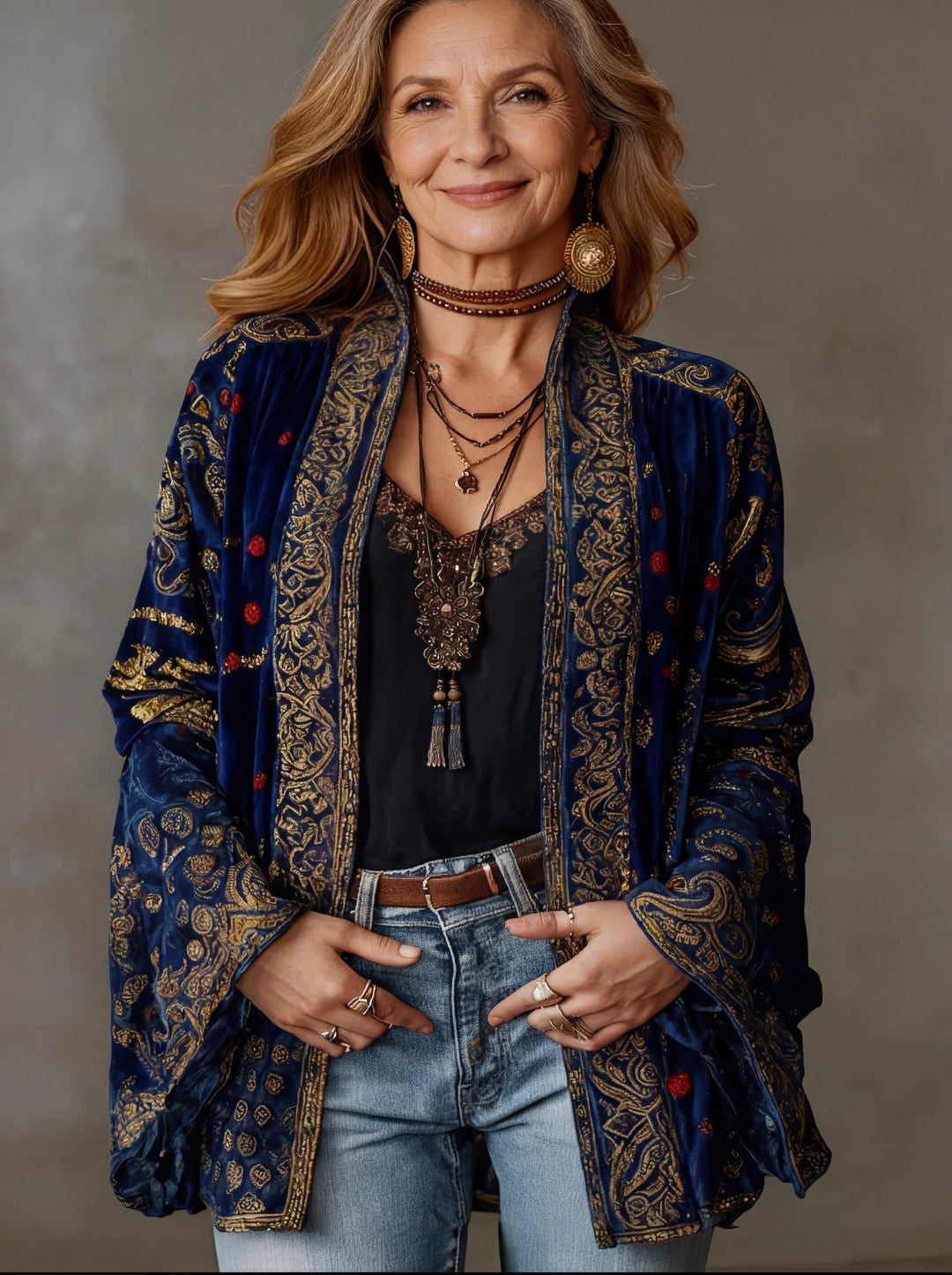 Woman wearing boho kimono jacket with open front
