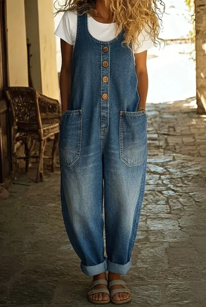Woman wearing wide leg jumpsuit with adjustable straps