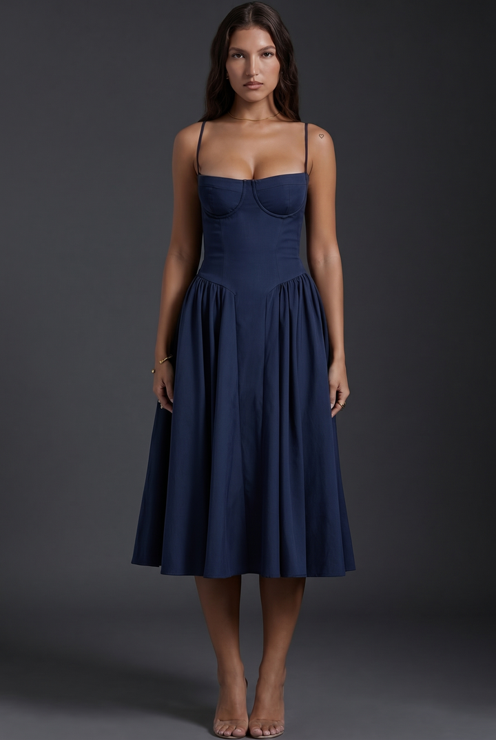 Woman in midi dress with structured bodice and flared skirt