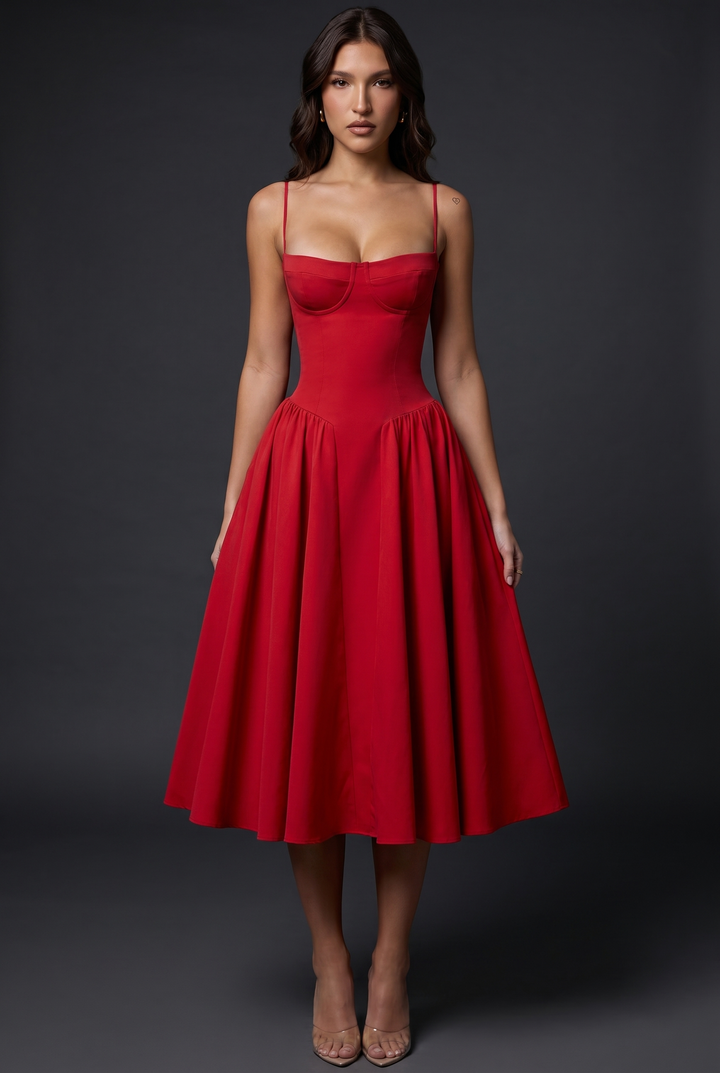 Woman in midi dress with structured bodice and flared skirt
