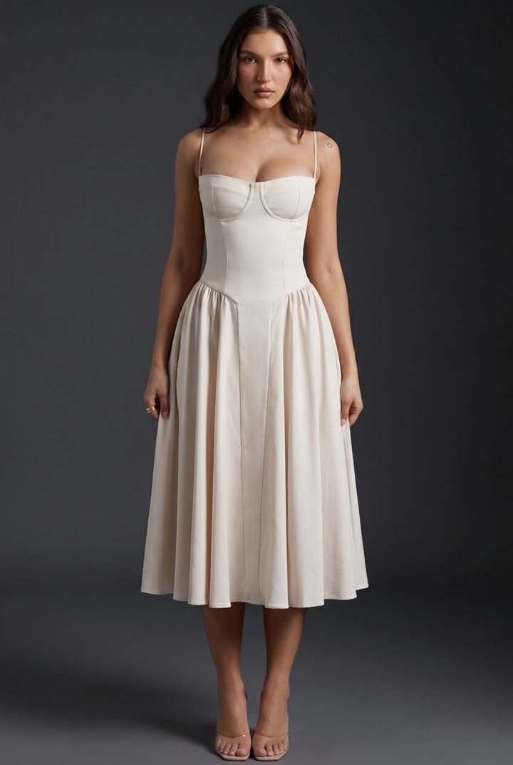 Woman in midi dress with structured bodice and flared skirt