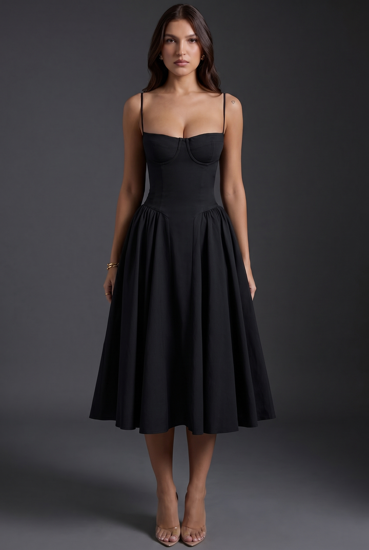 Woman in midi dress with structured bodice and flared skirt