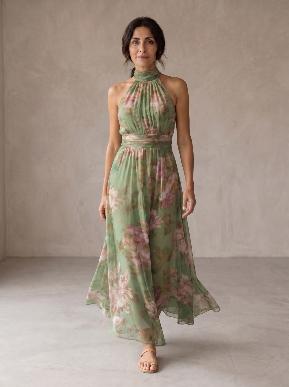 Woman wearing floral halter maxi dress with cinched waist