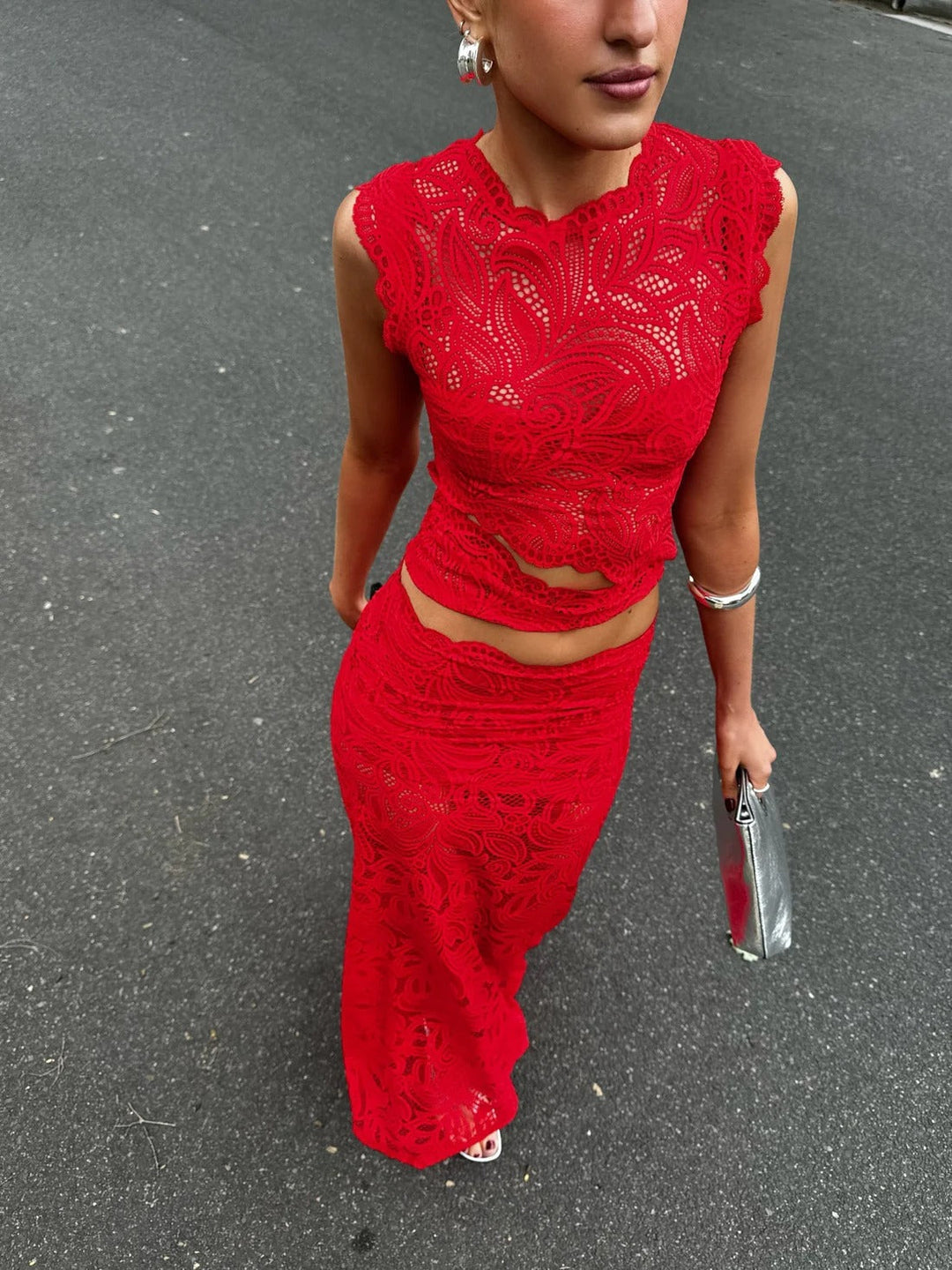 Women's two-piece matching set in red and black
