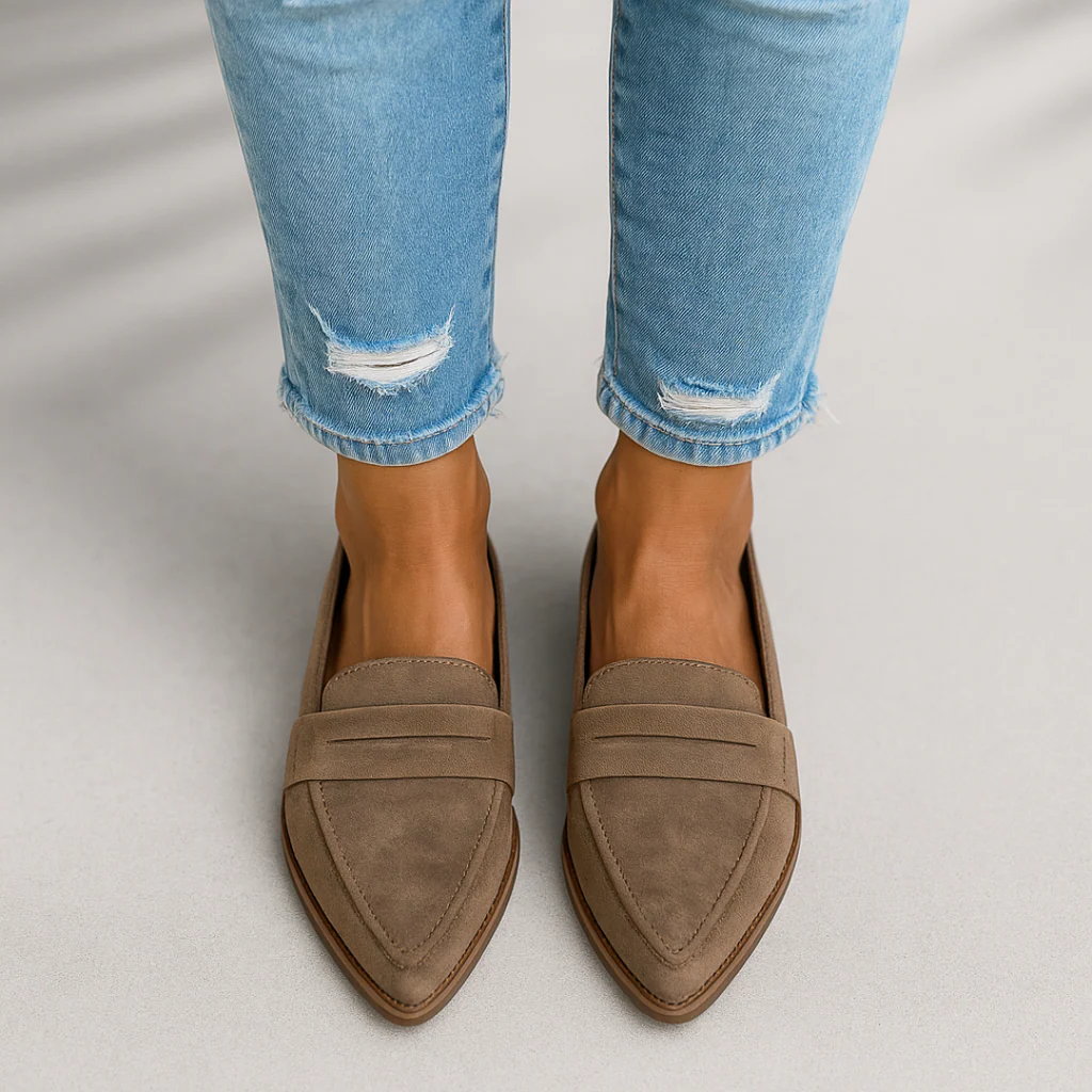 Women's black pointed-toe orthopedic loafers with penny strap