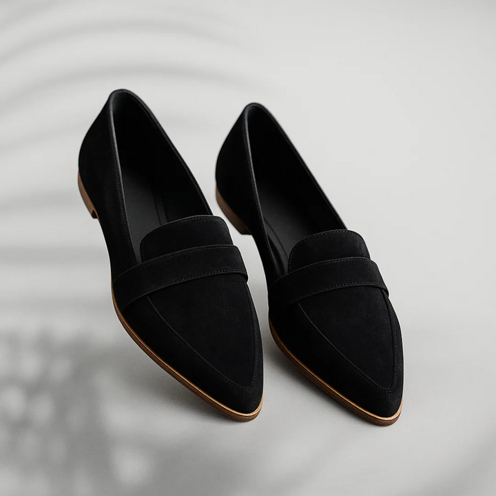 Women's black pointed-toe orthopedic loafers with penny strap