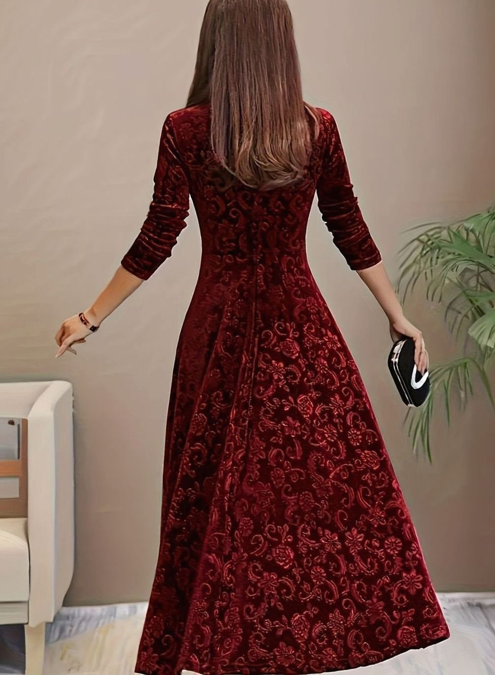 Sylvie | Women's Velvet A-Line Square-Neck Three-Quarter-Sleeve Dress