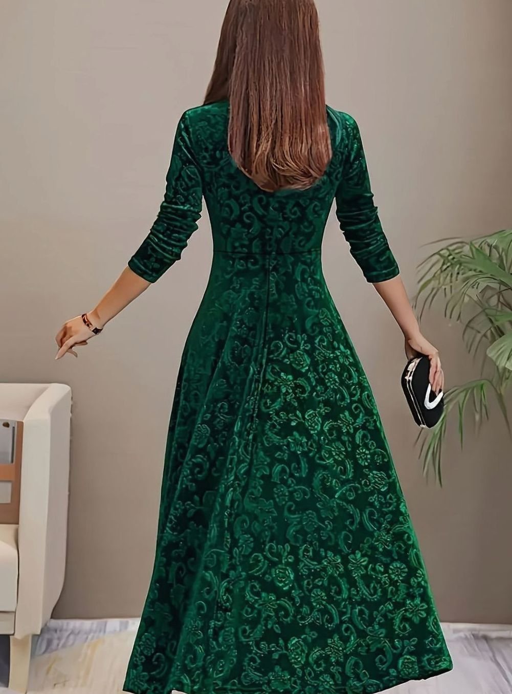 Sylvie | Women's Velvet A-Line Square-Neck Three-Quarter-Sleeve Dress