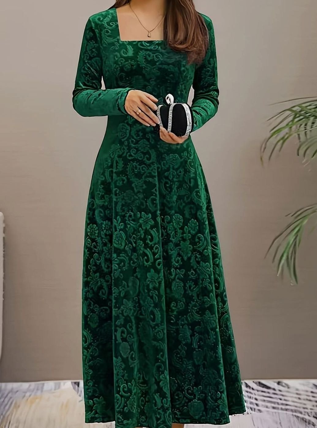 Sylvie | Women's Velvet A-Line Square-Neck Three-Quarter-Sleeve Dress