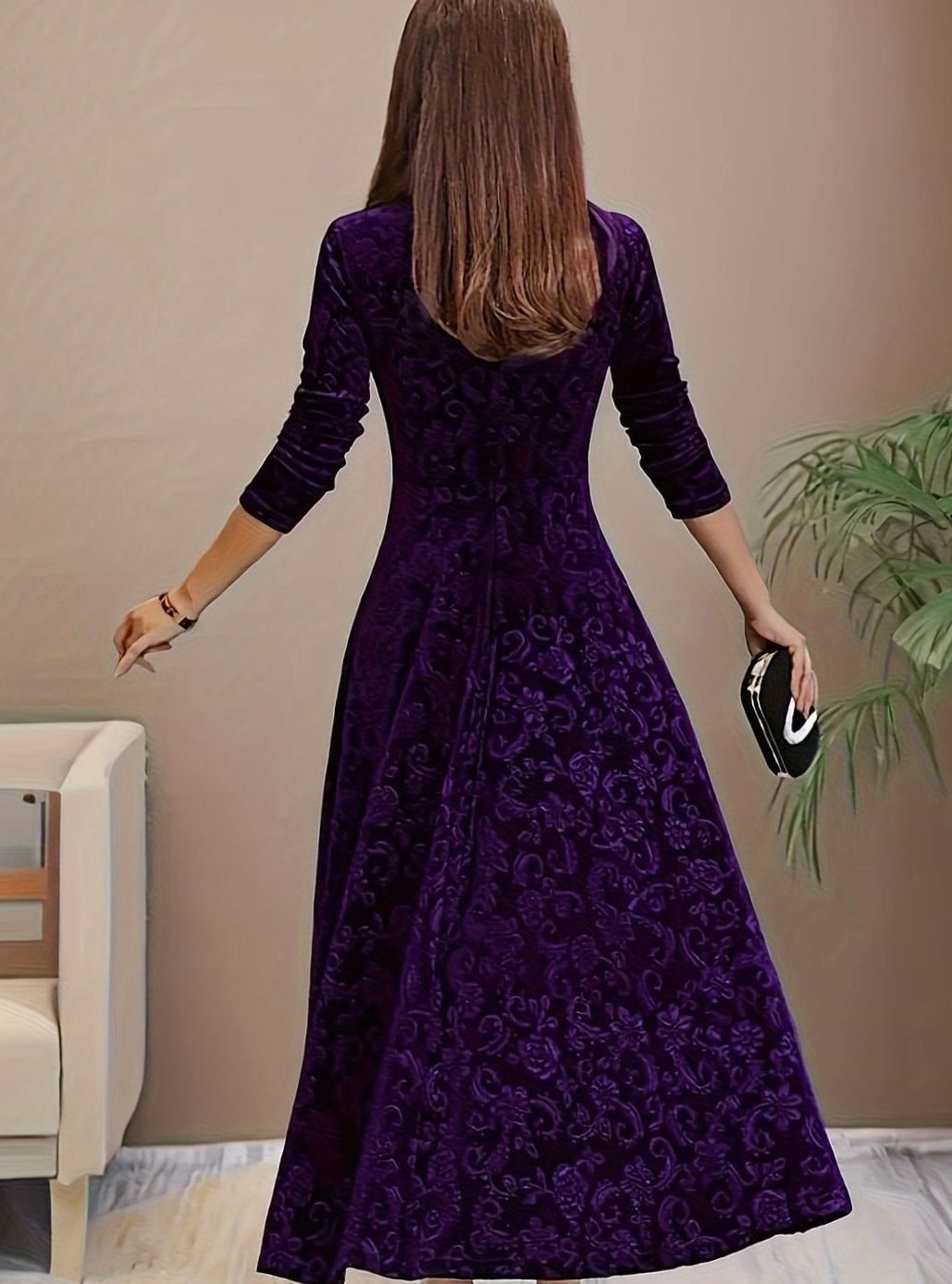 Sylvie | Women's Velvet A-Line Square-Neck Three-Quarter-Sleeve Dress