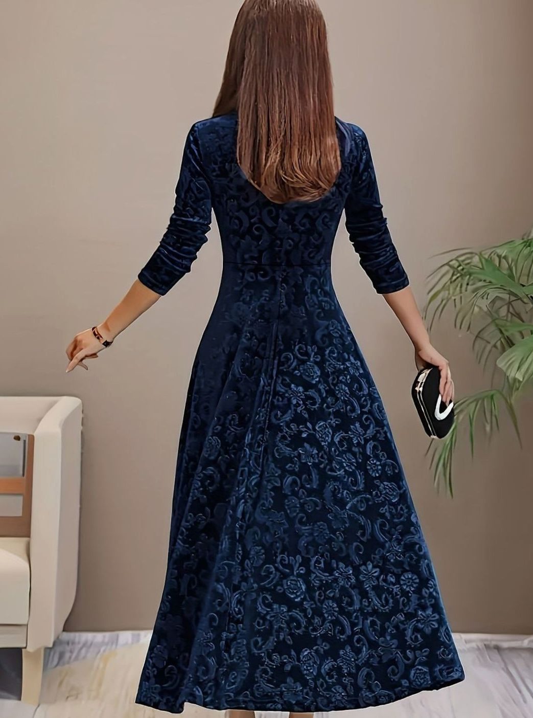 Sylvie | Women's Velvet A-Line Square-Neck Three-Quarter-Sleeve Dress